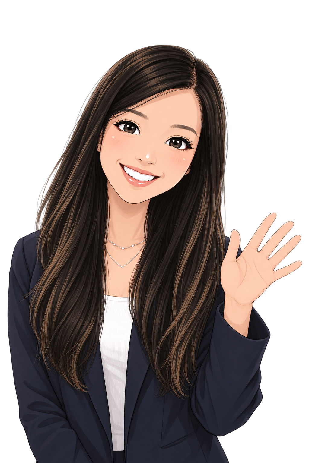 Illustration of Kim smiling and waving